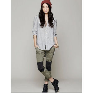 FREE PEOPLE Trousers Utility Olive Green Twill Pants Black Knee Patches Size 4